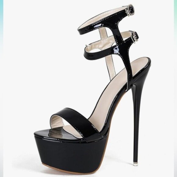 Black Patent Platform Stiletto Heels Strappy Sandals Size 8 New Without Box - Picture 2 of 12